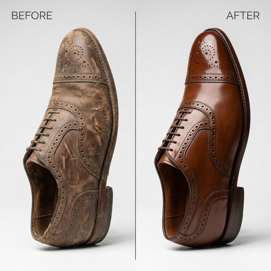 Ilustrasi before-after leather care sepatu kulit