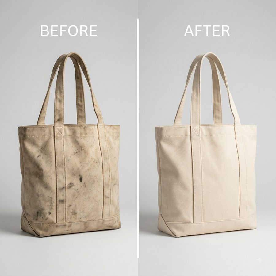 Ilustrasi before-after cuci totebag kanvas